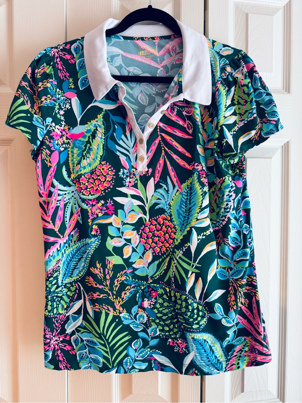LILLY PULITZER Frida Luxletic Polo Top SUNSHINE JUNGLE, Size XL, Puff Sleeve
